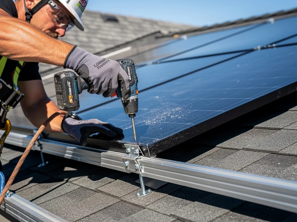 Installateur certifié RGE vissant un panneau solaire sur ses rails de fixation