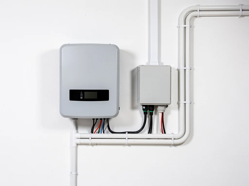 Onduleur solaire et coffret de protection montés sur le mur d'un garage