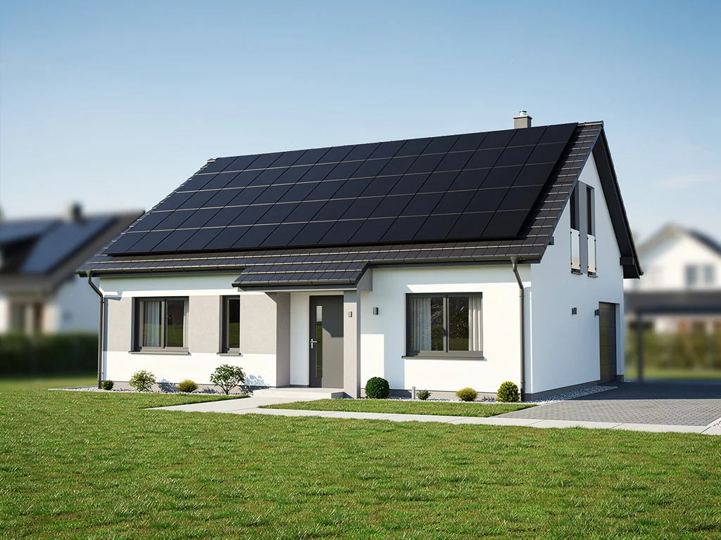 Pavillon dont la toiture est entièrement couverte de panneaux solaires sous un ciel dégagé