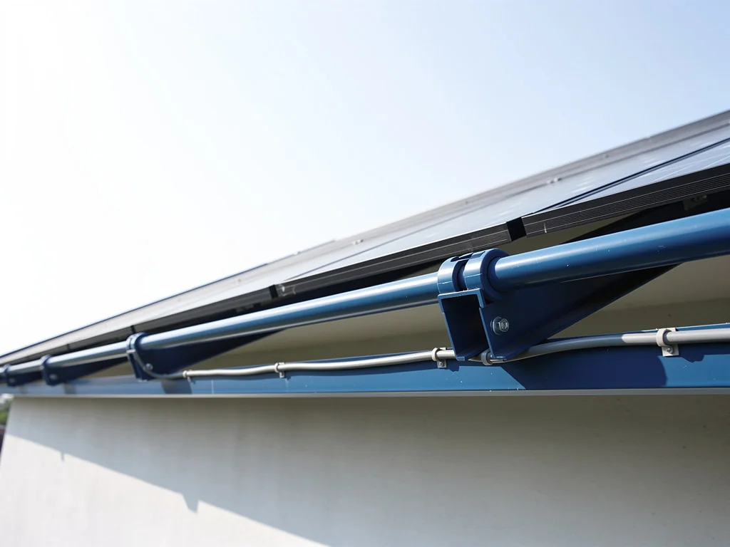 Panneaux solaires vus depuis le bord du toit, rails de fixation bleus et câblage apparents